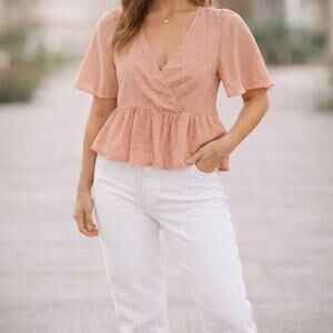 Madewell Women's Small Peach Peplum Blouse Cotton Wrap V-Neck Top Spring